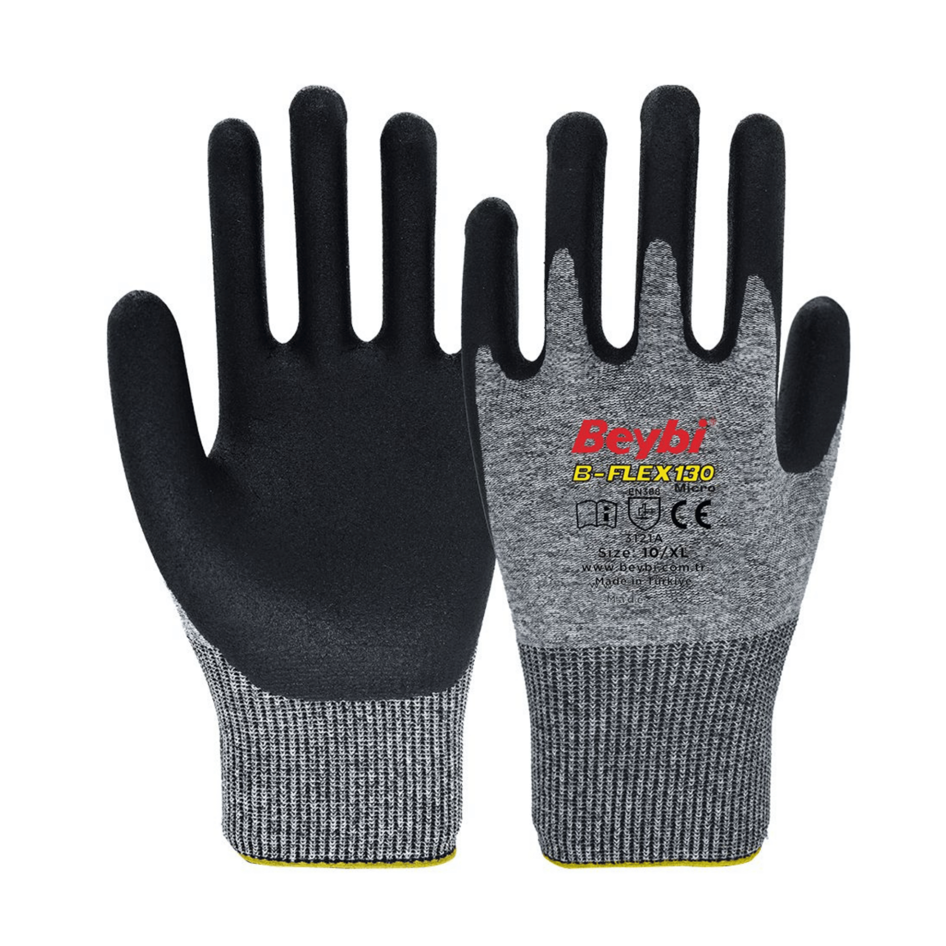 Beybi B-Flex 130 Micro 1/2 Mikro Köpük Nitril Kaplı Likralı Polyester Örgü Astar 15G A kesilme Dirençli İş Eldiveni EN388 3121A