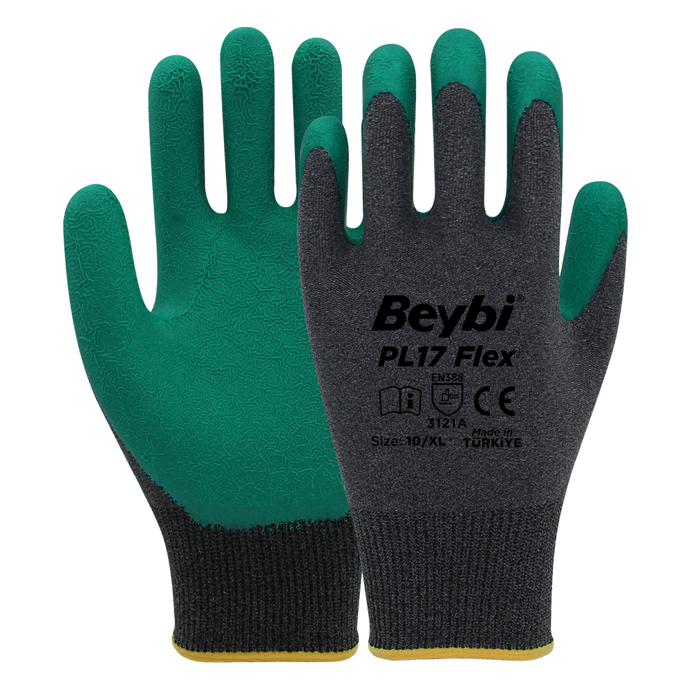 Beybi PL-17 FLEX-Y 1/2 Crinkle Lateks Kaplı Kaplı Likralı Polyester Örme Astar  A Kesilme Dirençli İş Eldiveni EN388 3121A